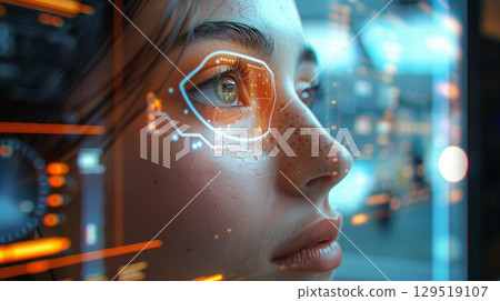 A Futuristic Portrait of a Woman Featuring Neon Facial Accents and an Intriguing Digital Interface Design 129519107