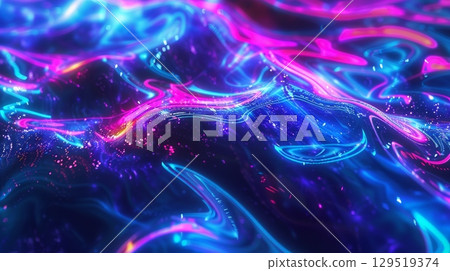 3D Cover. Abstract fluid iridescent holographic neon curved wave in motion colorful background. 129519374