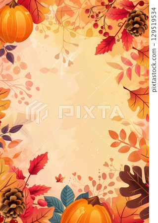 A festive Thanksgiving Day background featuring pumpkins, colorful autumn leaves, and pine cones. The warm colors, vertical banner, copy space, free space for text 129519534
