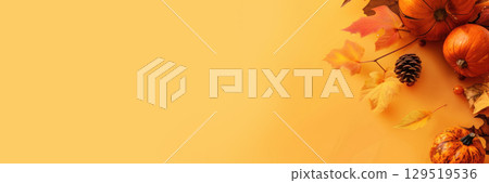 Autumn-themed Thanksgiving Day decoration with pumpkins, colorful leaves, and pine cones on a warm yellow background, horizontal banner, copy space, free space for text 129519536