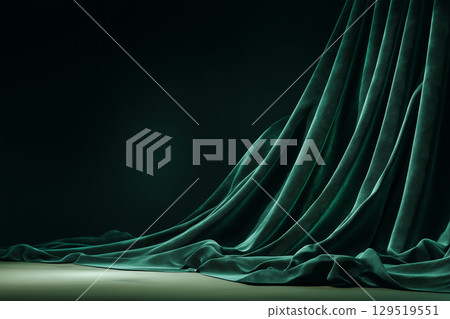 深綠色天鵝絨窗簾的奢華背景 129519551
