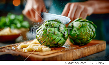 Fresh artichokes being sliced on a wooden cutting board 129519576