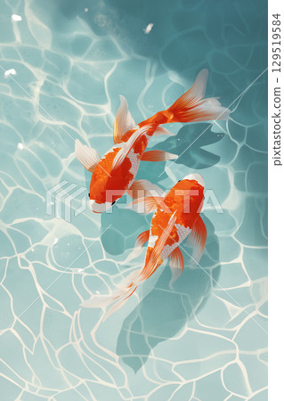 Two goldfish swimming in clear water 129519584