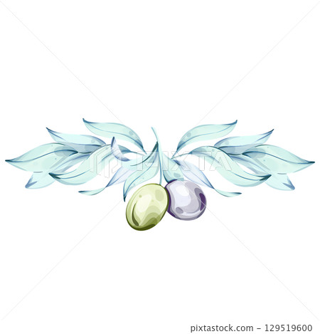 Beautiful watercolor illustration of olives and olive oil reflecting Italian culinary artistry frame, border, arrangement 129519600