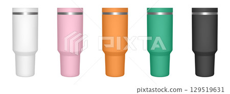 Thermo cup with lid. 3d mockup of a travel tumbler. Set of white, pink, orange, green and black mugs Thermo cup with lid. 3d mockup of a travel tumbler. Set of white, pink, orange, green and black mugs 129519631