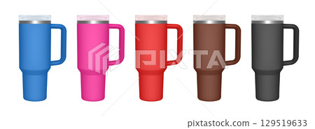 Thermo cup with handle. 3d mockup of a travel thermos. Set of blue, pink, red, brown and black mugs 129519633