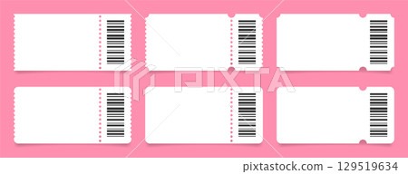 Set of white ticket mockups with bar codes, ruffle edges and shadows. Empty template Set of white ticket mockups with bar codes, ruffle edges and shadows. Empty template 129519634