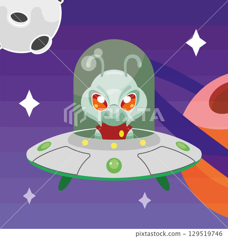 Alien UFO in purple space. Vector 129519746