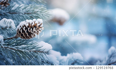 Winter's Whisper: Serene Scene with Snow-Dusted Pine Branches and Gentle Snowfall. Generative ai 129519768