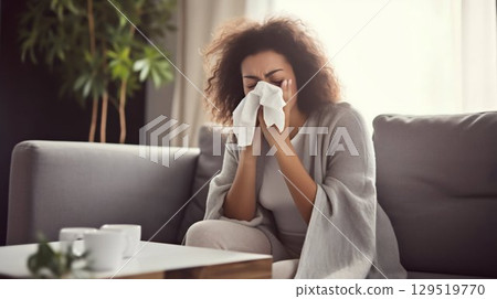 Under the Weather: Sick Woman Blowing Nose While Seated on Home Couch. Generative ai 129519770