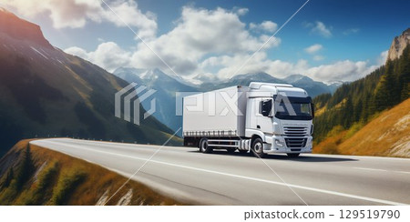 Truck Driving Through Sunny Mountain Landscape. Generative ai Truck Driving Through Sunny Mountain Landscape. Generative ai 129519790
