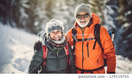 Elderly Couple Cross-Country Skiing in Winter Landscape. Generative ai Elderly Couple Cross-Country Skiing in Winter Landscape. Generative ai 129519791