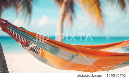 Tropical Relaxation: Hammock with Blurred Caribbean Beach Background. Generative ai Tropical Relaxation: Hammock with Blurred Caribbean Beach Background. Generative ai 129519792
