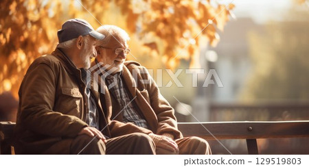 Aged Male Couple Enjoying Autumn Sunshine on a Bench. Generative ai 129519803