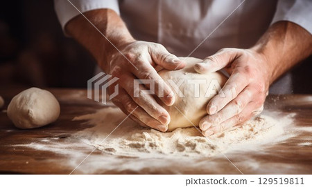 Hands Kneading Dough in Bakery Baking Process. Generative ai 129519811