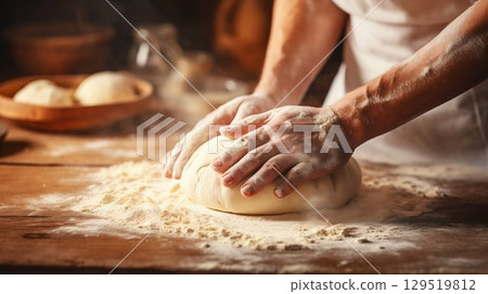 Hands Kneading Dough in Bakery Baking Process. Generative ai 129519812