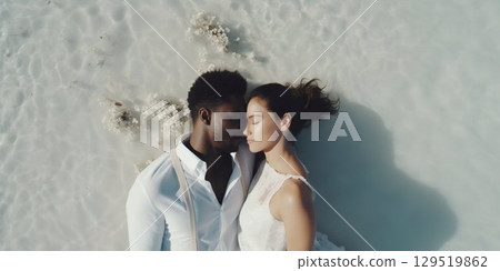 Overhead View of Multi-Ethnic Newlyweds on Beach. Generative ai 129519862