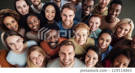 Aerial View of Smiling Multi-Ethnic Group Looking Up. Generative ai 129519863