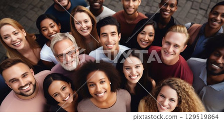 Aerial View of Smiling Multi-Ethnic Group Looking Up. Generative ai 129519864