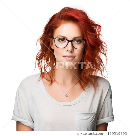 Red-Haired Woman in Eyeglasses and Shirt. Generative ai 129519893