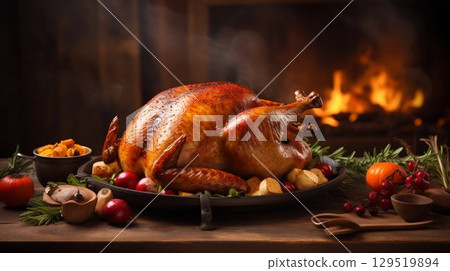 Festive Feast: Roasted Thanksgiving Turkey on a Decorated Table. Generative ai 129519894