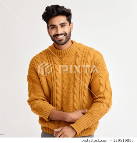 Warm Elegance: Handsome Indian Man in Bright Knitted Sweater for Autumn and Winter. Generative ai 129519895