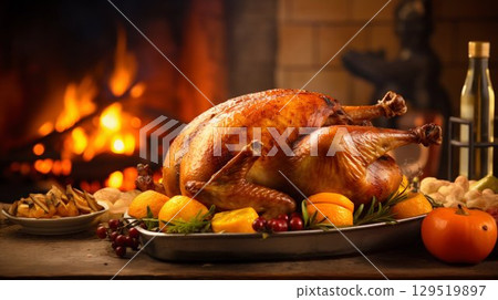 Festive Feast: Roasted Thanksgiving Turkey on a Decorated Table. Generative ai 129519897