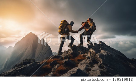 Summit Together: Modern Hikers in Mutual Support to Reach the Mountain Top. Generative ai 129519918