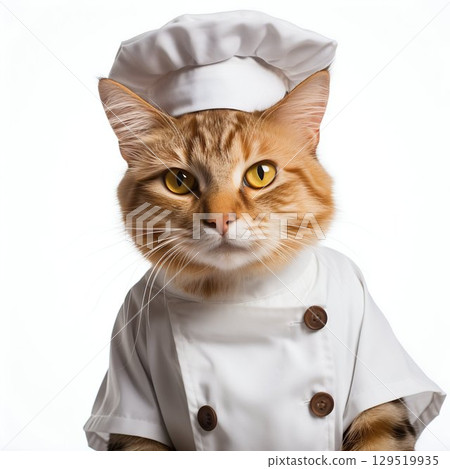 Whiskered Gourmet: Cat in Chef Costume Isolated on White Background. Generative ai 129519935