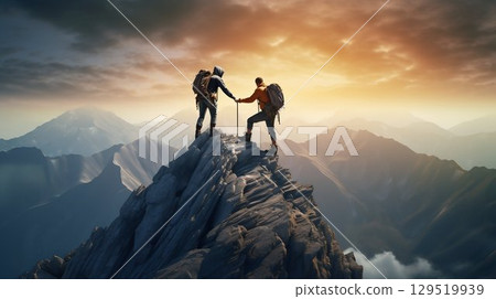Summit Together: Modern Hikers in Mutual Support to Reach the Mountain Top. Generative ai 129519939