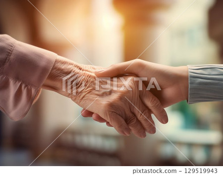Generational Bond: Young Woman and Senior Sharing a Moment of Care. Generative ai 129519943