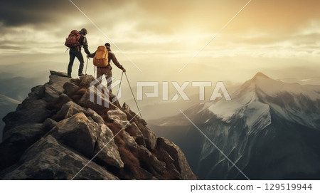 Summit Together: Modern Hikers in Mutual Support to Reach the Mountain Top. Generative ai 129519944