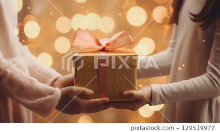 Festive Offering: Woman's Hands Holding Giftbox with Ribbon, Christmas Background. Generative ai 129519977