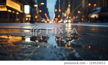 Urban Glow: Close-Up of City Lights Reflecting on New York Asphalt Road. Generative ai Urban Glow: Close-Up of City Lights Reflecting on New York Asphalt Road. Generative ai 129520053