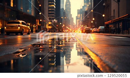 Urban Glow: Close-Up of City Lights Reflecting on New York Asphalt Road. Generative ai 129520055