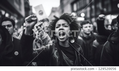Empowerment in Action: Young Female Leader Galvanizing a Vibrant Protest Rally. Generative ai 129520056