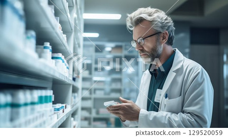 Diligent Care: Pharmacist Searching for Medicine on Shelves. Generative ai 129520059