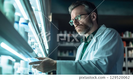 Diligent Care: Pharmacist Searching for Medicine on Shelves. Generative ai 129520062