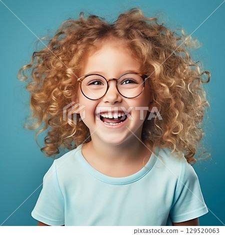 Sunshine Smile: Happy Curly Blond Girl with Big Eyeglasses on Light Blue Background. Generative ai 129520063