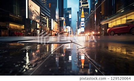 Urban Glow: Close-Up of City Lights Reflecting on New York Asphalt Road. Generative ai 129520064
