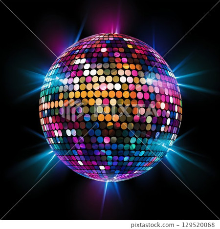 Disco Fever: Shiny Colorful Ball Illuminating a Black Background. Generative ai Disco Fever: Shiny Colorful Ball Illuminating a Black Background. Generative ai 129520068