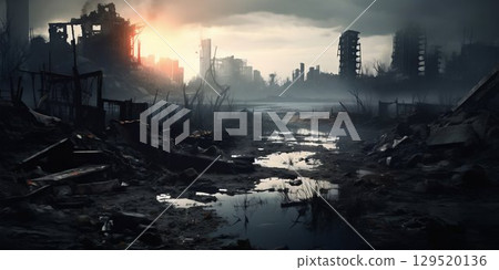 Ruins of Tomorrow: A Post-Apocalyptic City in Desolation. Generative ai 129520136