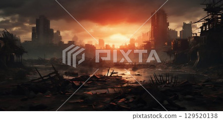 Ruins of Tomorrow: A Post-Apocalyptic City in Desolation. Generative ai 129520138
