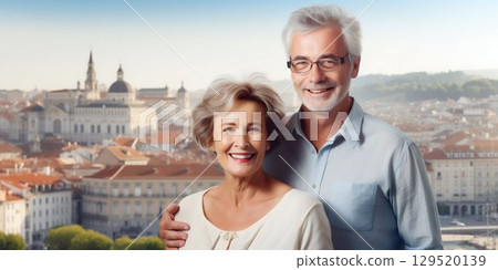 Senior Couple Smiling in Front of European City: Cherished Moments Together. Generative ai Senior Couple Smiling in Front of European City: Cherished Moments Together. Generative ai 129520139