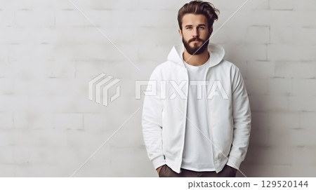 Man Style Simplified: Man in Blank White T-Shirt for Mockup. Generative ai 129520144