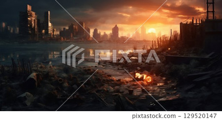 Ruins of Tomorrow: A Post-Apocalyptic City in Desolation. Generative ai 129520147