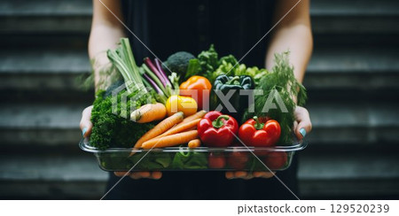 Woman Holding Plastic Container with Fresh Raw Vegetables. Generative ai 129520239