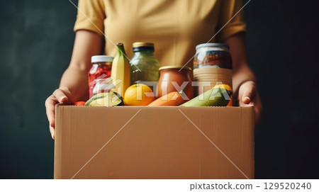 Volunteer Woman Collecting Groceries in Donation Box. Generative ai 129520240