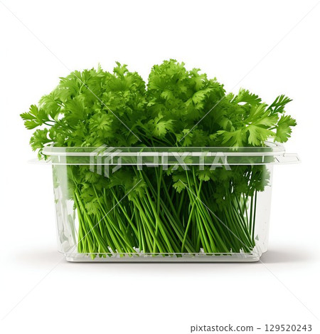 Plastic Container with Fresh Dill, Isolated on White Background. Generative ai 129520243