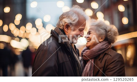 Elderly Couple Embracing in City Street: A Lifetime of Love and Joy. Generative ai Elderly Couple Embracing in City Street: A Lifetime of Love and Joy. Generative ai 129520265